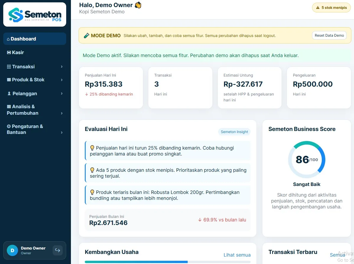 Dashboard Semeton POS